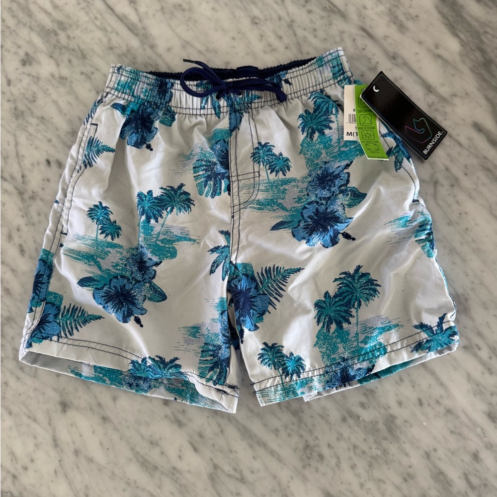 NWT Burnside Boardshorts Hawaii Blue and White Swim Trunks Tropical M 10/12